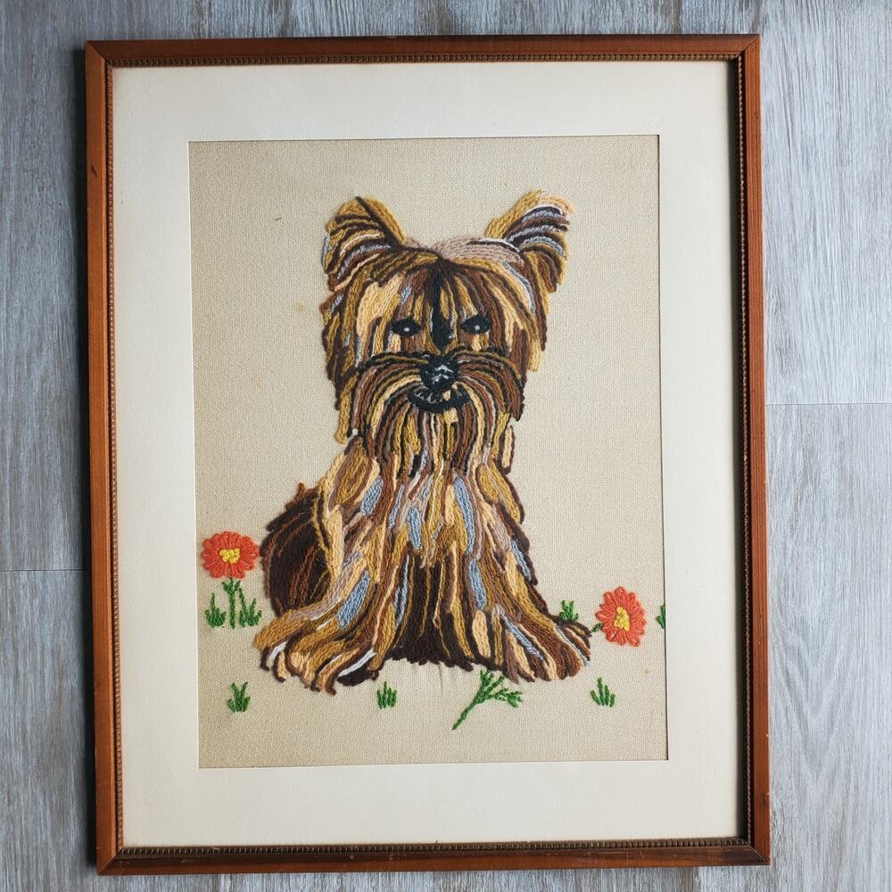 Vintage Yorkie Yorkshire Terrier Hand Embroidered Framed Wall Art Picture